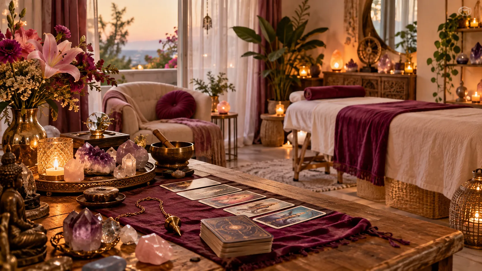 El espacio de Reyna Midas: mesa de lectura con cartas de tarot, péndulo, cristales y cuenco tibetano, y al fondo la camilla junto a la ventana