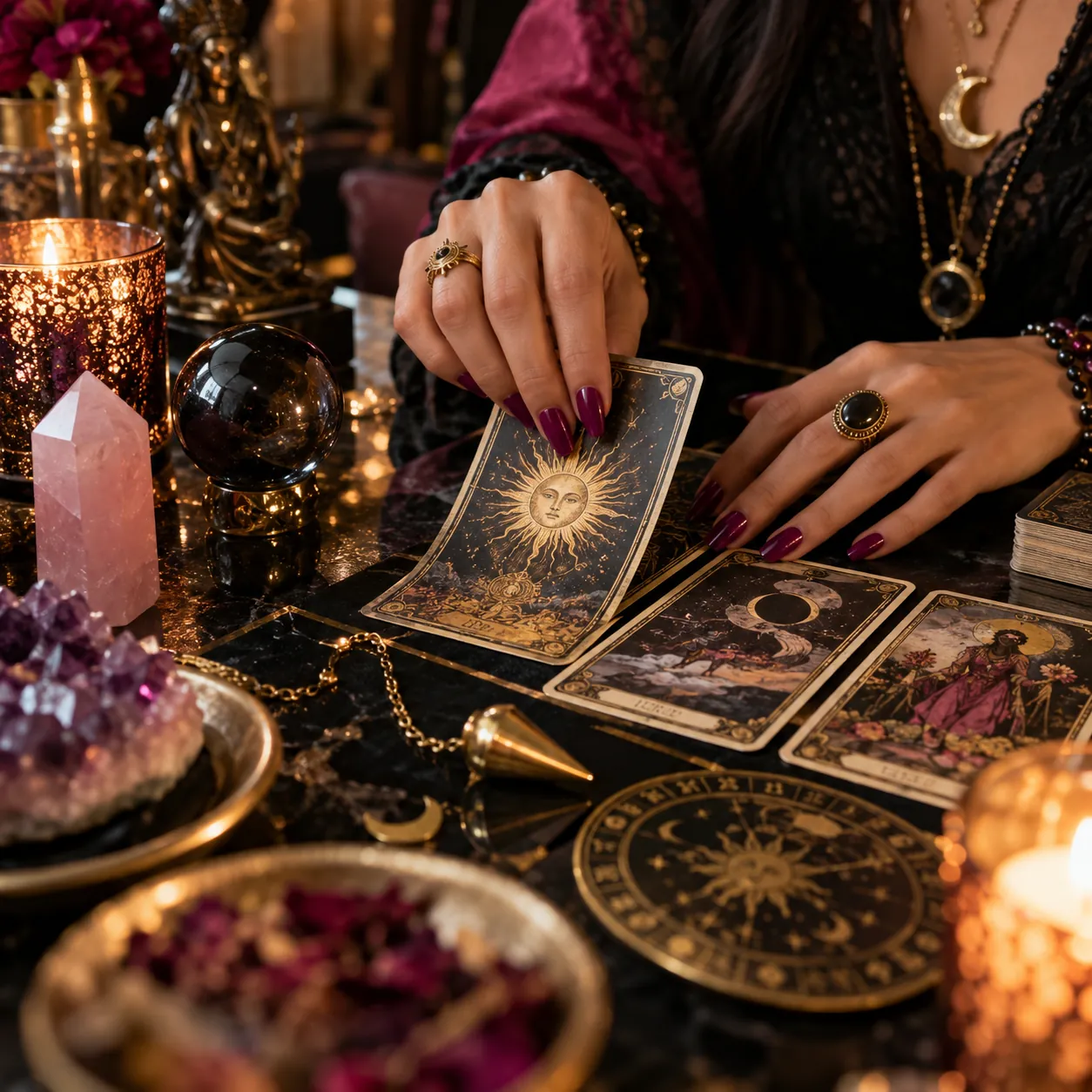 Manos que despliegan cartas de tarot sobre una mesa de mármol negro, entre cristales, velas y una placa zodiacal dorada