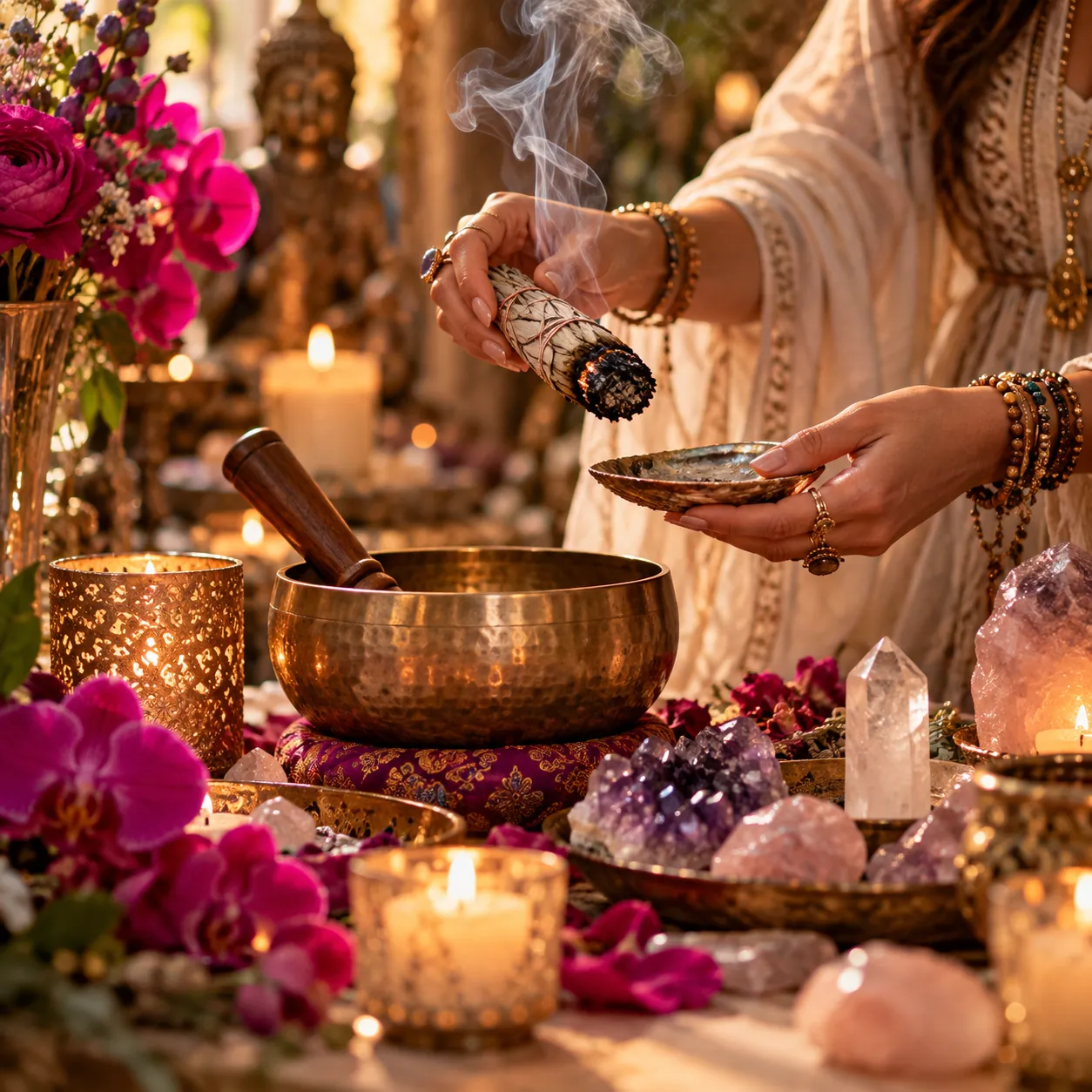 Limpieza energética: manos con un atado de salvia humeante sobre un cuenco tibetano, rodeado de cristales, velas y flores